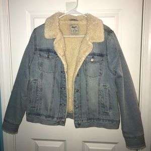 Light wash jean jacket with faux fur
